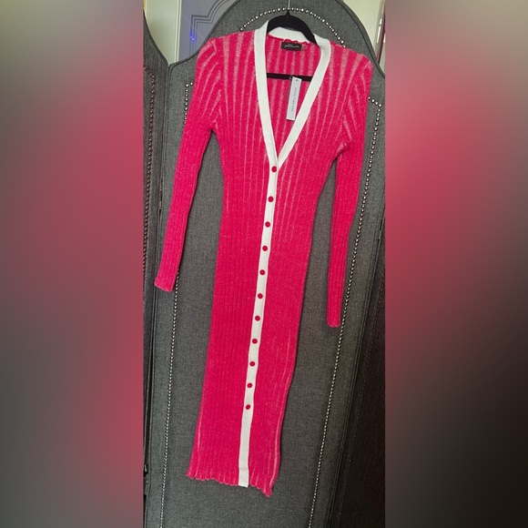 Pink Ribbed V-Neck Long Sleeve Dress - Picture 7 of 8